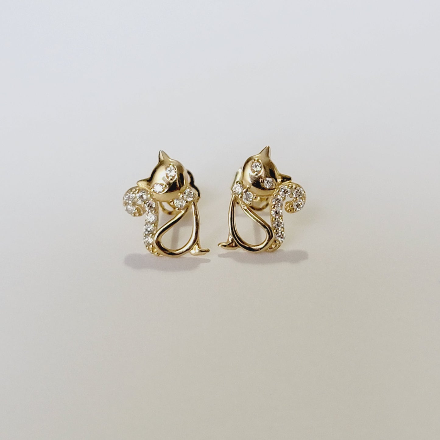 14k Gold Cat Earrings, 14K Diamond Cat Stud Earrings