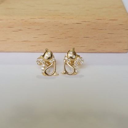 14k Gold Cat Earrings, 14K Diamond Cat Stud Earrings