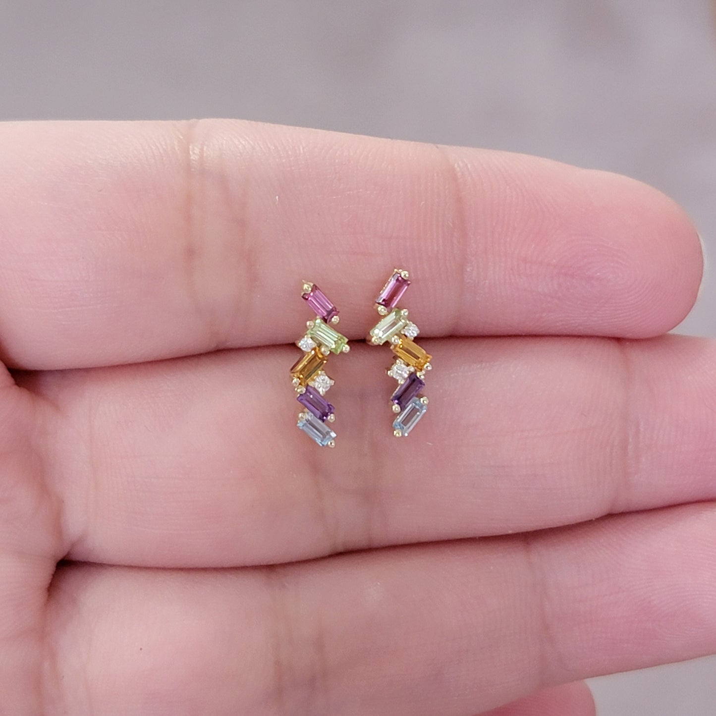 14k Gold Gemstone & Diamond Climber Earrings