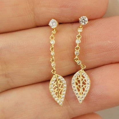 Diamond Drop Earrings, 14K Gold Drop Earrings, Leaf Earrings, Diamond Earrings for women, Dangle Gold Stud, Dangle Diamond Leaf Earrings