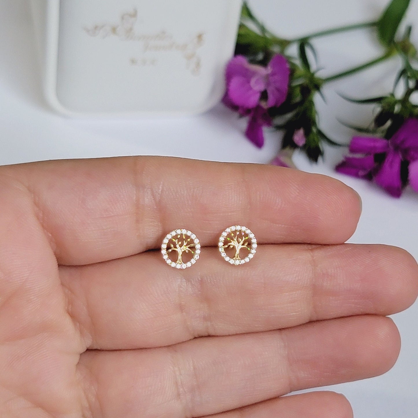 Tree of Life Earrings in 14k Solid Gold, Diamond Tree Earrings, Minimalist Earrings, Dainty Studs, Nature Earrings, Family Tree Earrings