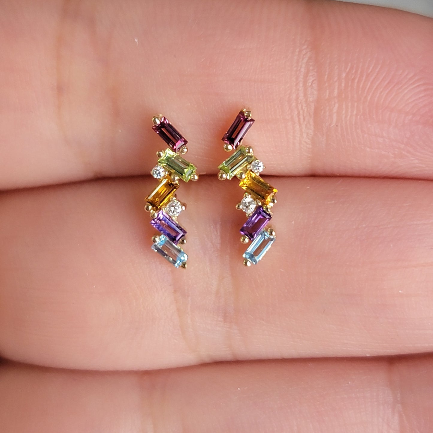 14k Gold Gemstone & Diamond Climber Earrings