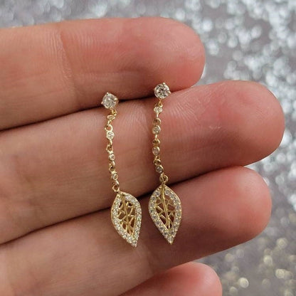 Diamond Drop Earrings, 14K Gold Drop Earrings, Leaf Earrings, Diamond Earrings for women, Dangle Gold Stud, Dangle Diamond Leaf Earrings
