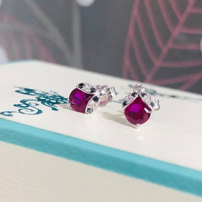 Ladybug Earrings, Ruby Studs Earrings, Black and White Diamond earrings, Lady bug Studs, Diamond Earrings, Girl Jewelry, Gold Earrings Stud