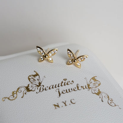 Butterfly Earrings, 14k Gold Earrings, Diamond Stud Earrings, Butterfly Wings Earrings, Dainty Earrings, Minimalist Earrings