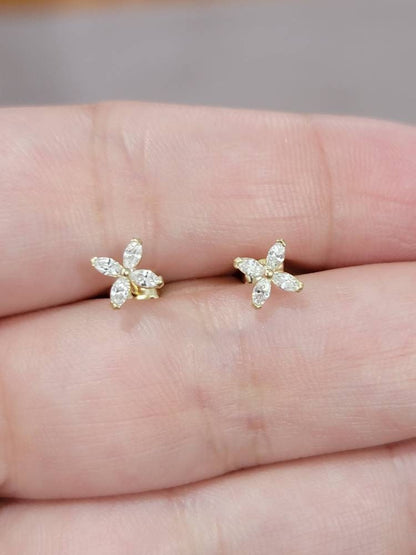 Diamond Earrings, 14k Gold Earrings, Minimalist Earrings, Marquise Earrings, Studs Earrings, Tiny Studs Earrings, Flower Earrings, Gift