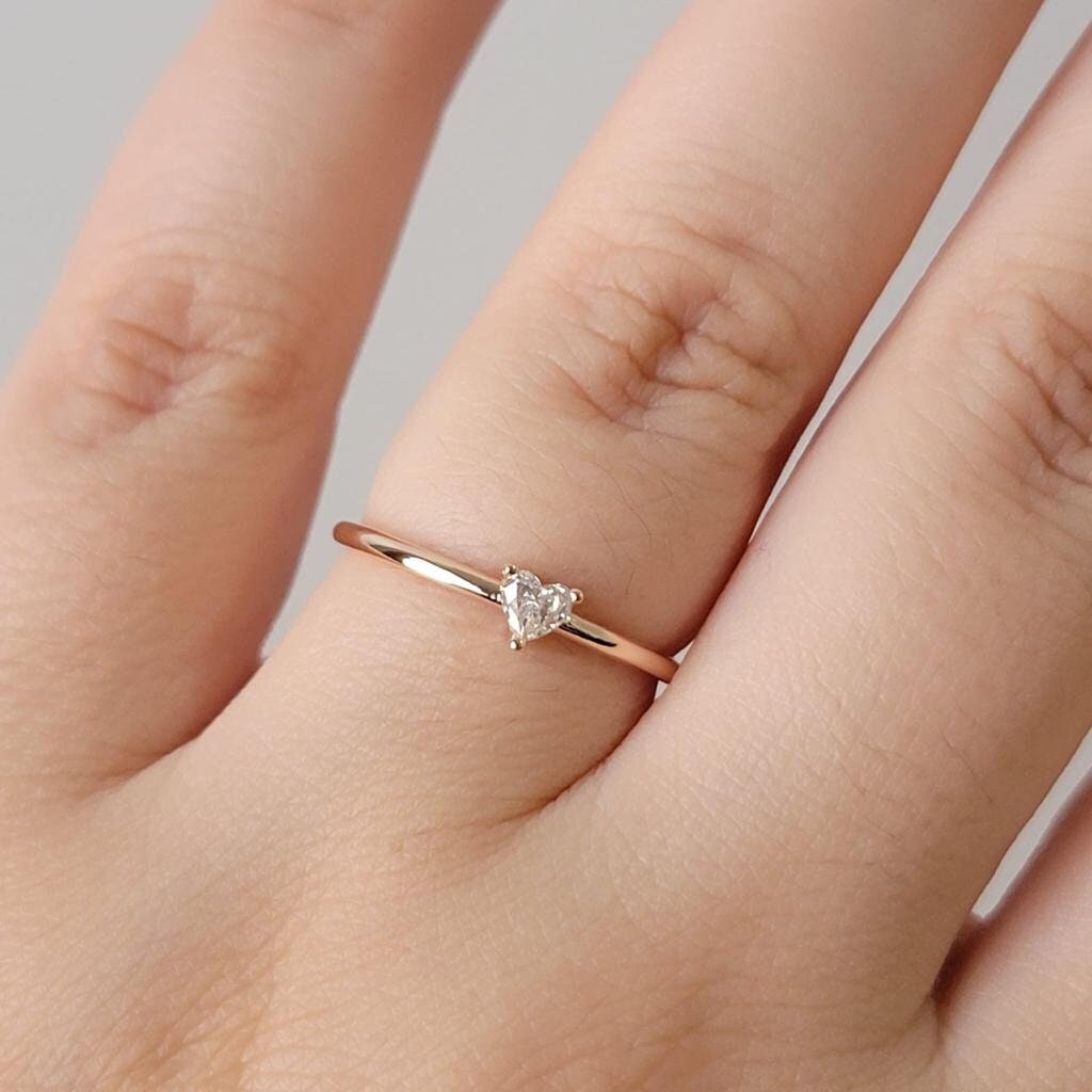 Diamond Solitaire Ring, Heart-Shape Diamond Ring, Wedding Ring, Dainty Wedding Band Promise Ring, 14K Gold Ring, White, Rose, Gift For Her