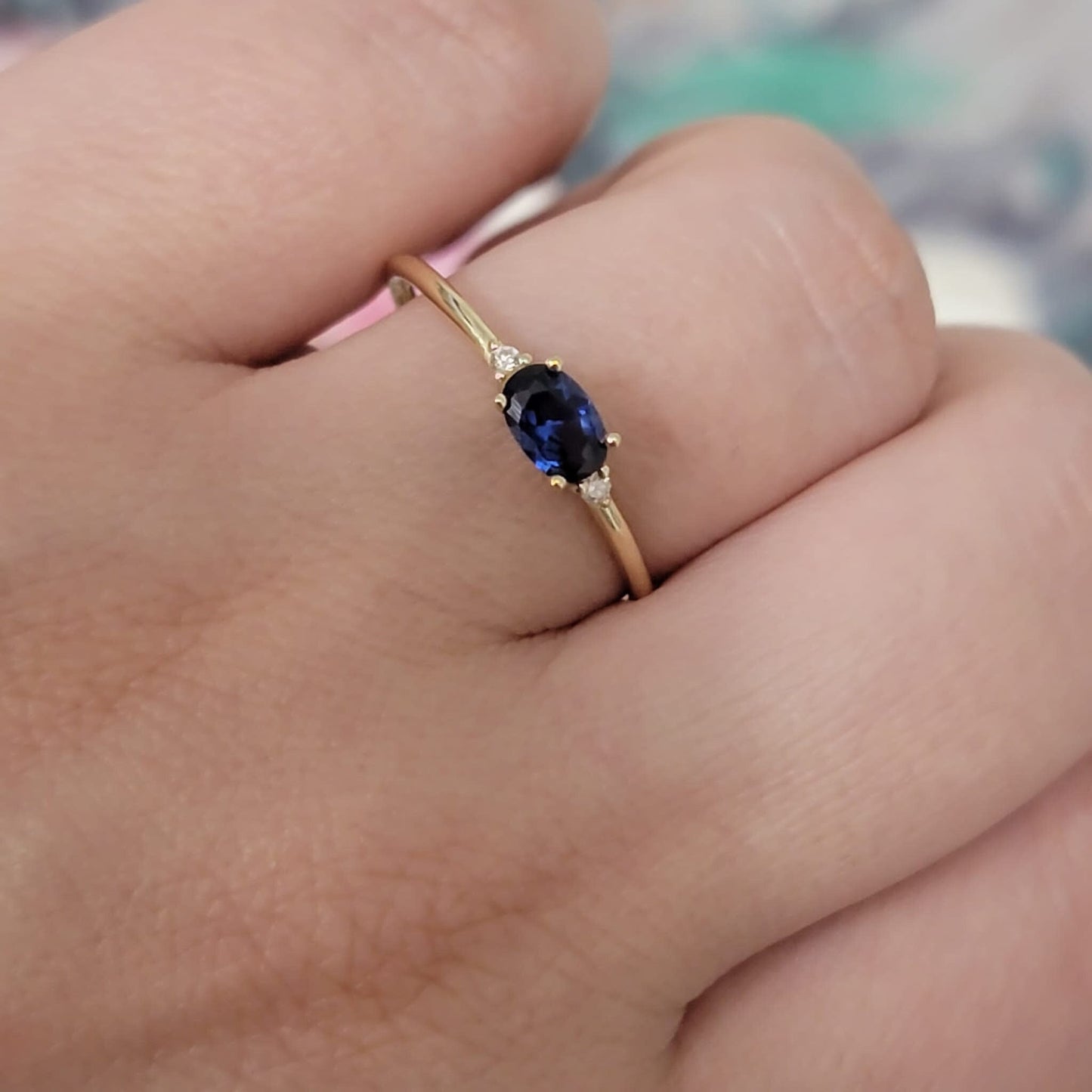 Oval Cut Blue Sapphire And Diamond Engagement Ring, 14K Vintage Solitaire Sapphire Ring, Three Stone Engagement Ring, Anniversary Gift,