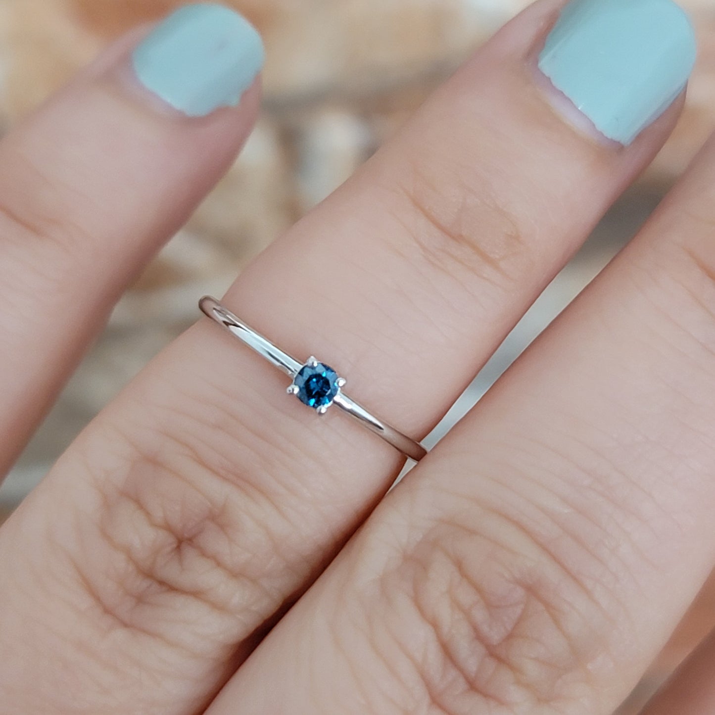 Blue Diamond Ring, 14k White Gold Ring, Minimalist Ring, One Diamond Ring, Diamond Solitaire Ring, Dainty Rings