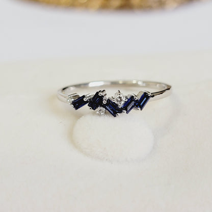 Sapphire Diamond Ring, Blue Sapphire Band, 14k Solid Gold Ring, Curved Wedding Bands, Unique Wedding Bands, Gemstone Ring, Anniversary Ring