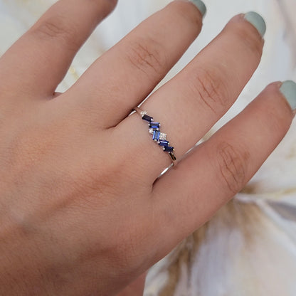 Sapphire Diamond Ring, Blue Sapphire Band, 14k Solid Gold Ring, Curved Wedding Bands, Unique Wedding Bands, Gemstone Ring, Anniversary Ring