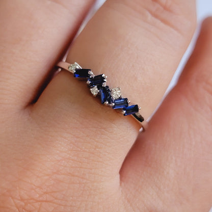 Sapphire Diamond Ring, Blue Sapphire Band, 14k Solid Gold Ring, Curved Wedding Bands, Unique Wedding Bands, Gemstone Ring, Anniversary Ring