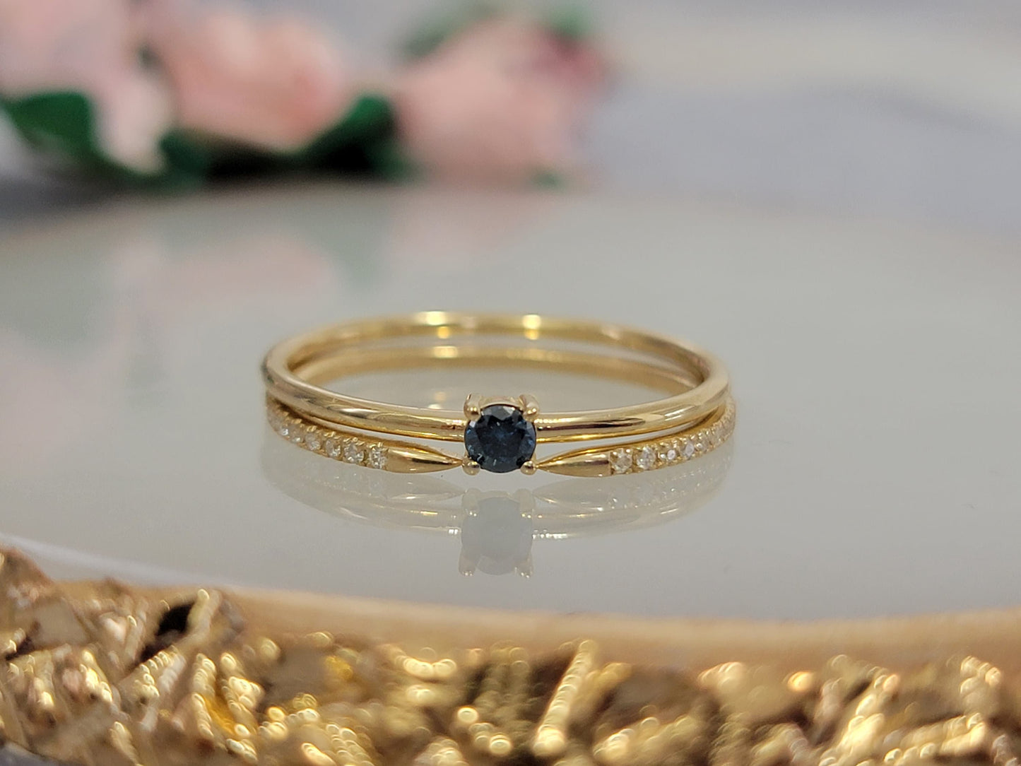 Blue Diamond Ring, 14k White Gold Ring, Minimalist Ring, One Diamond Ring, Diamond Solitaire Ring, Dainty Rings