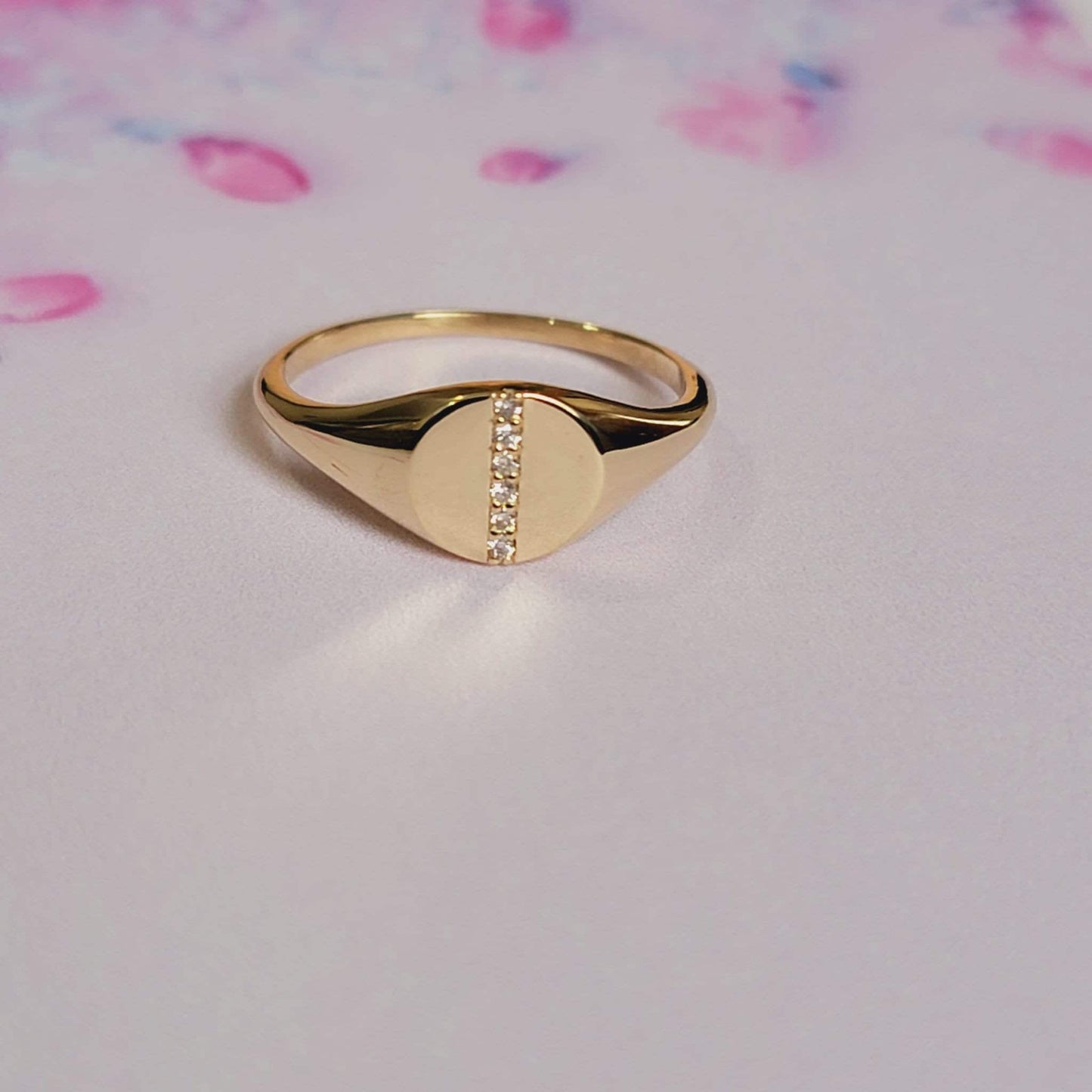 14K Small Round Signet Ring With Diamonds