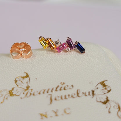Cluster Stud Earrings, Color Gem Diamond Earrings, 14k Solid Gold Earrings, Rainbow Earrings, Multicolor Gem Stud Earrings, Dainty Studs