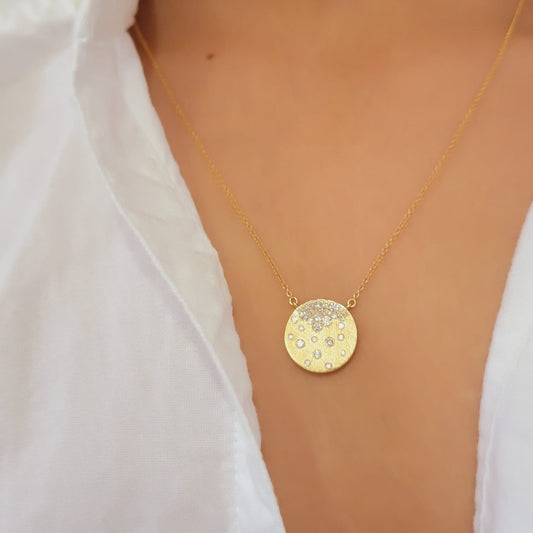 Diamond Disc Necklace, 14k Gold Pendant