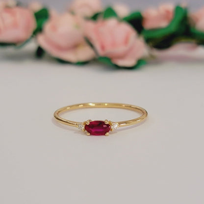 14k Gold oval genuine ruby and natural Diamond ring