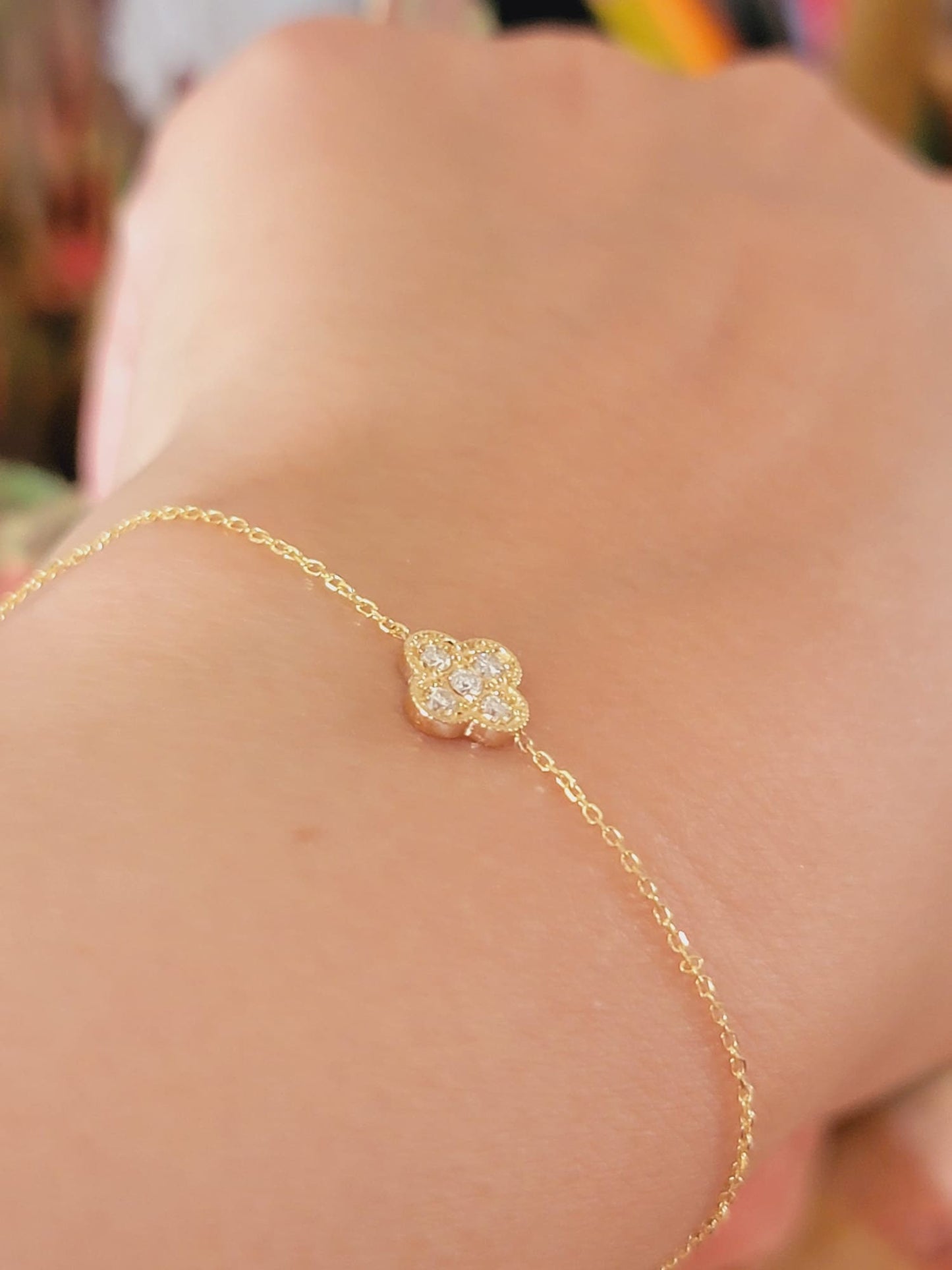 Diamond Clover Bracelet, 14K Gold Four Leaf Clover Diamond Bracelet, Sparkling Natural Diamond Flower Chain, Anniversary Floral Jewelry