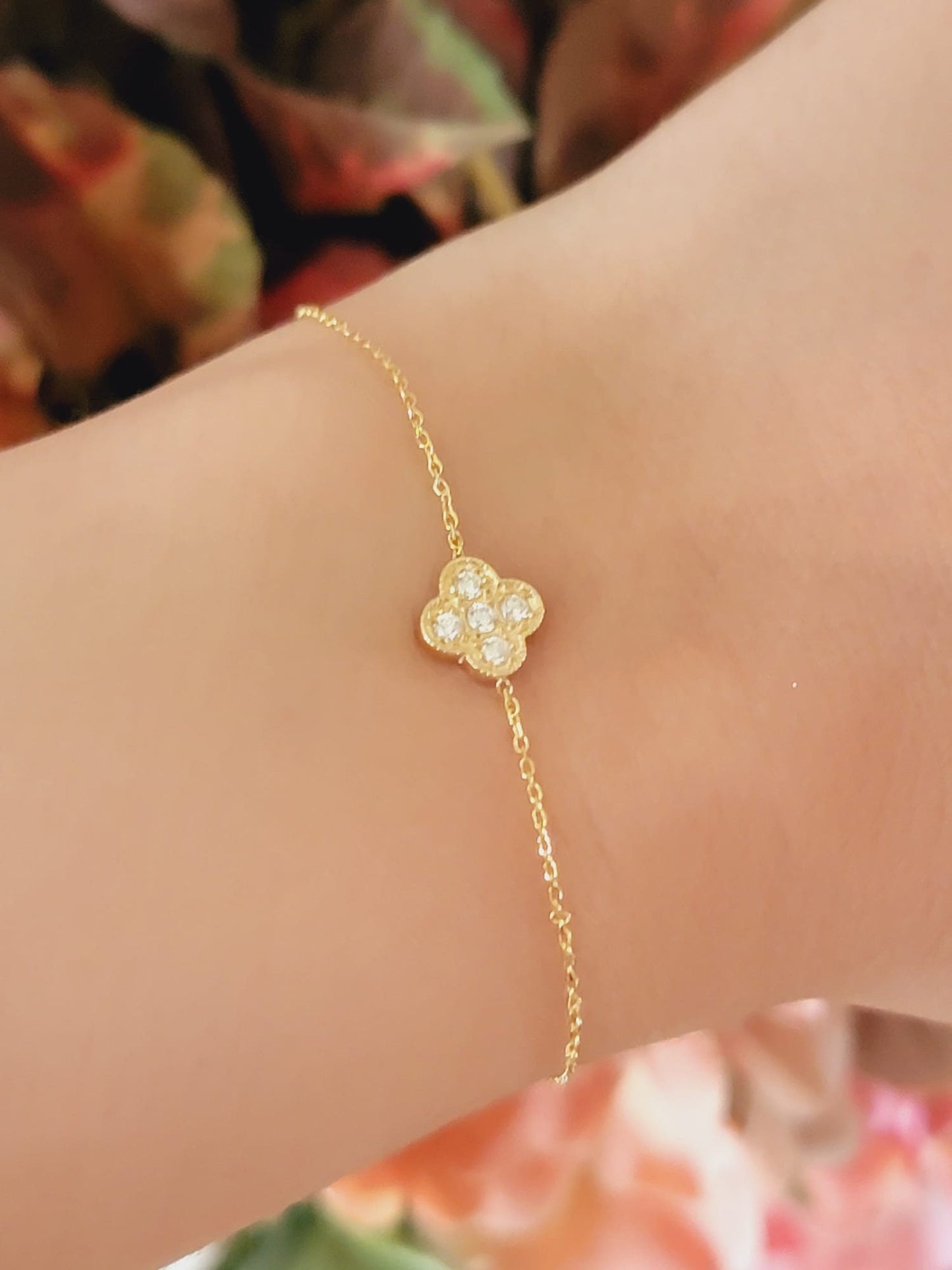 Diamond Clover Bracelet, 14K Gold Four Leaf Clover Diamond Bracelet, Sparkling Natural Diamond Flower Chain, Anniversary Floral Jewelry