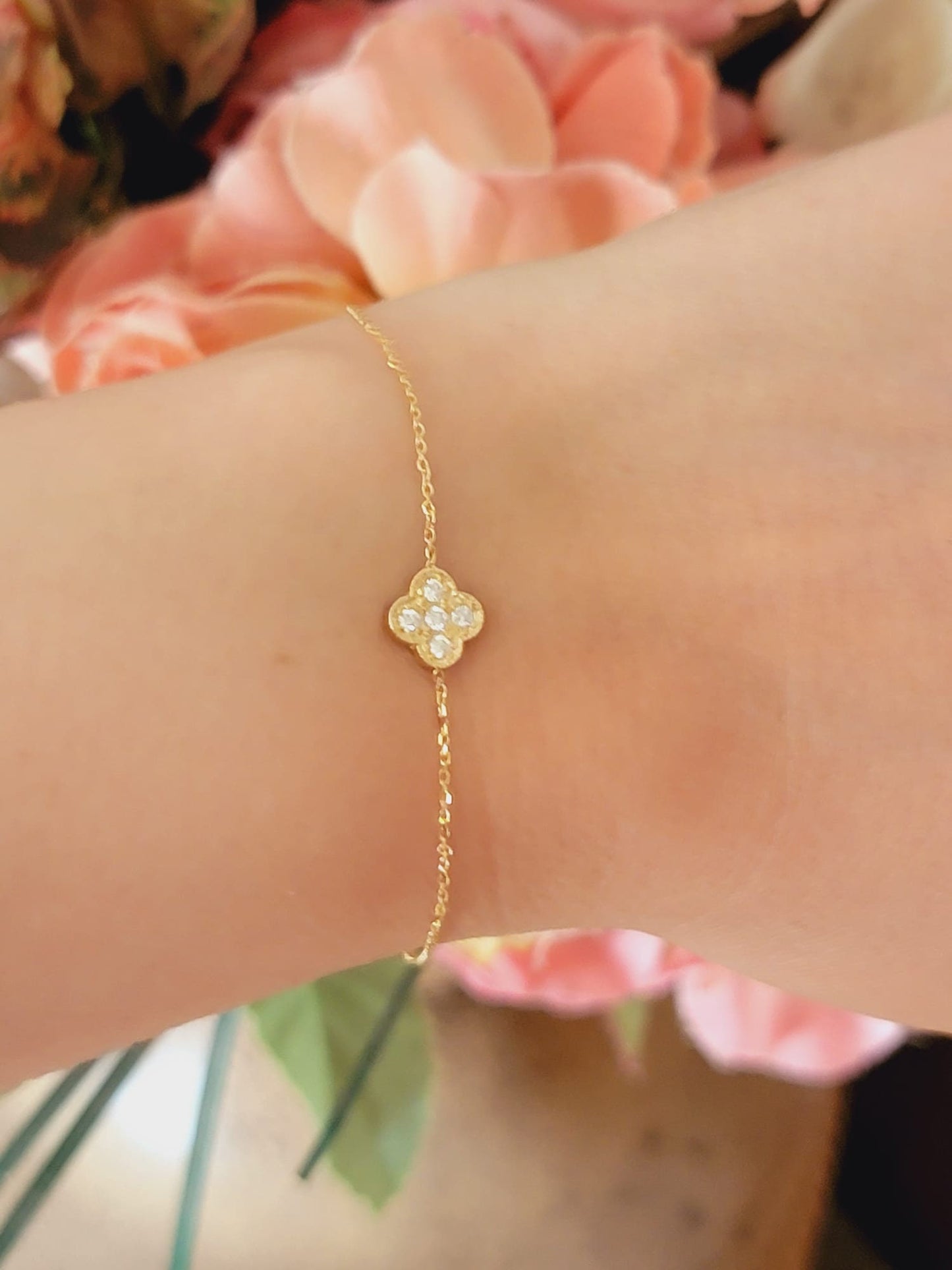 Diamond Clover Bracelet, 14K Gold Four Leaf Clover Diamond Bracelet, Sparkling Natural Diamond Flower Chain, Anniversary Floral Jewelry