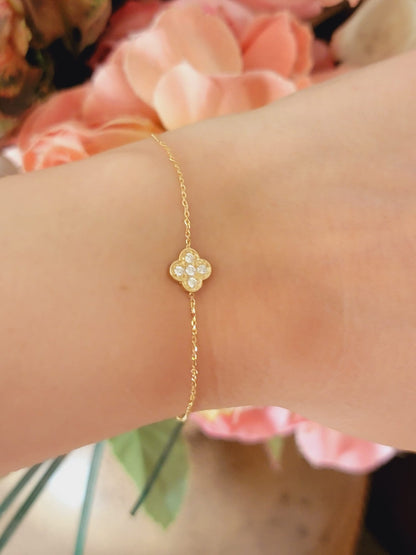 Diamond Clover Bracelet, 14K Gold Four Leaf Clover Diamond Bracelet, Sparkling Natural Diamond Flower Chain, Anniversary Floral Jewelry