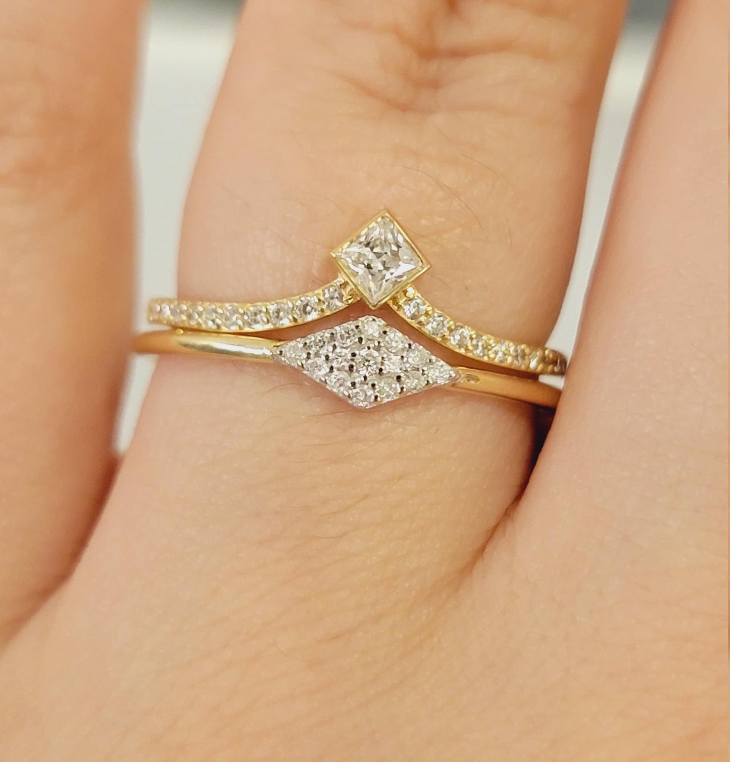 Diamond Ring, 14K Solid Gold Band, Handmade Bridal Rose Jewelry Gift,  White Rhombus Wedding Ring, Stacking Ring, Geometric Design  Ring
