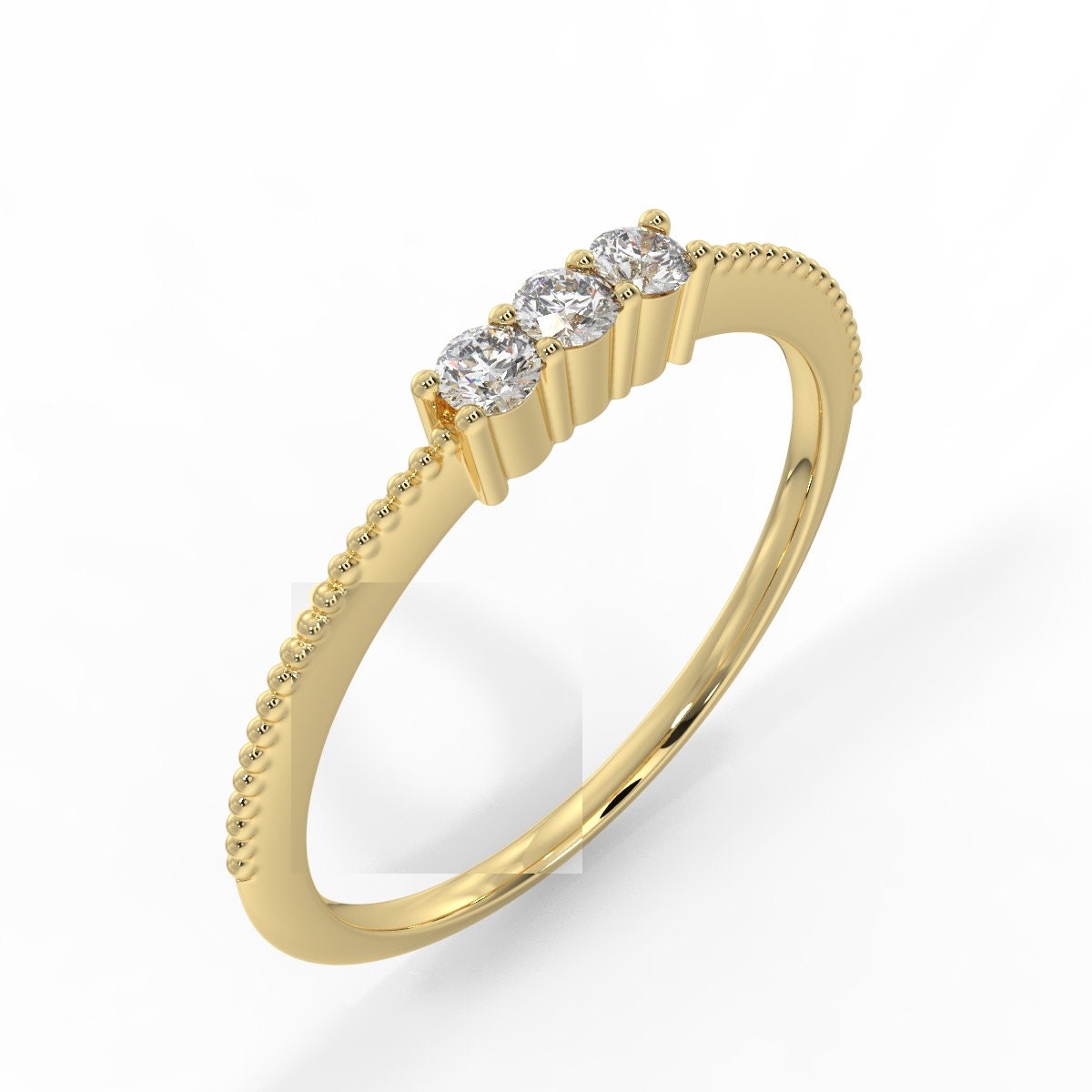 Diamond Ring, 14k Three  Stone Beaded Diamond Ring, Minimalist Ring, Dainty Minimal Diamond Ring, Thin Gold Diamond Stacking Ring, White