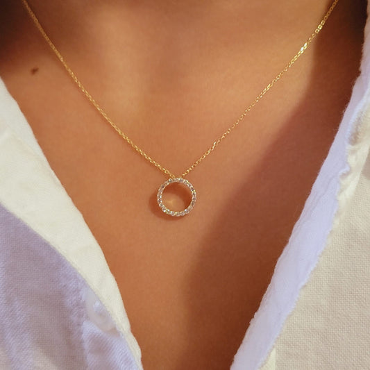 Tiny Diamond Necklace, Cluster Diamond Pendant, Open Circle Diamond Pendant, Diamond Circle Of life necklace in 14k Solid Gold