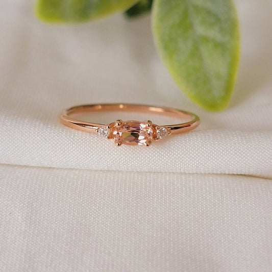 Dainty Morganite and Diamond Ring, 0.20 Ct Genuine Morganite Gemstone Ring, 14K Gold Oval Morganite Ring, Morganite Engagement Ring