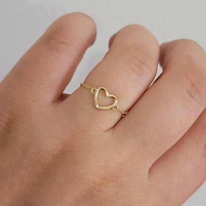 Chain Ring, 14k Solid Gold Chain Ring, Heart Chain Ring, Minimalist Ring, Dainty Ring, Gold Heart Ring, Ring for Her, Stacking Rings