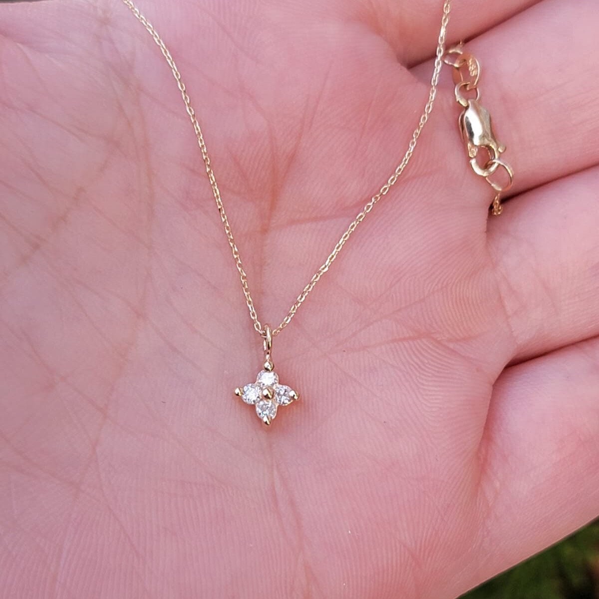 Diamond Clover Necklace in 14k Solid Gold, Good Luck Charm, Dainty Sparkling Chain, Natural Diamond Flower Cluster Chain, White Gold pendant