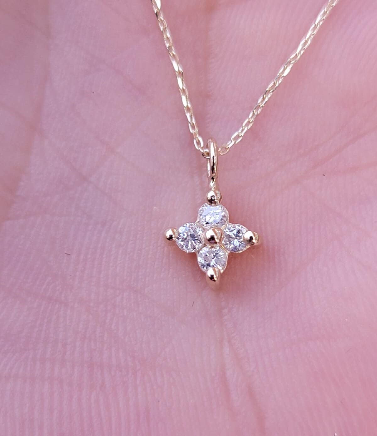 Diamond Clover Necklace in 14k Solid Gold, Good Luck Charm, Dainty Sparkling Chain, Natural Diamond Flower Cluster Chain, White Gold pendant