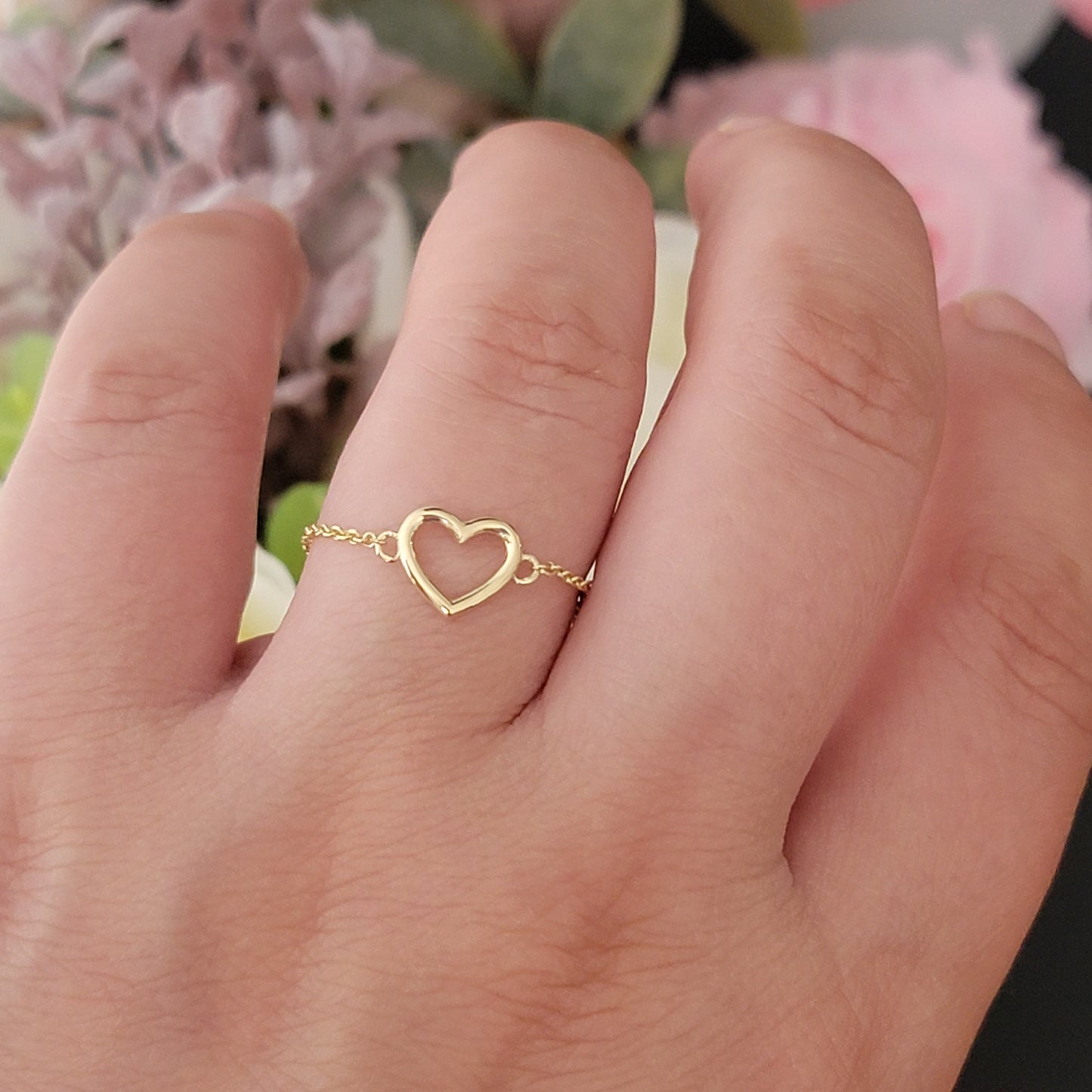 Chain Ring, 14k Solid Gold Chain Ring, Heart Chain Ring, Minimalist Ring, Dainty Ring, Gold Heart Ring, Ring for Her, Stacking Rings