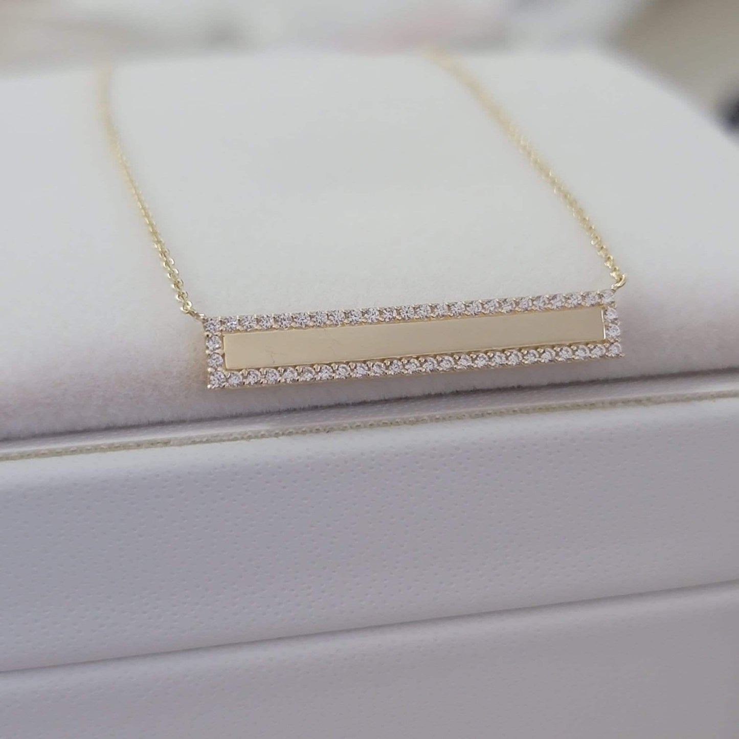 Diamond Bar Necklace, 14k Solid Gold Diamond Bar Necklace with Micro Pave Setting, Diamond Bar Trapeze Necklace, Layering Bar Necklace, Rose