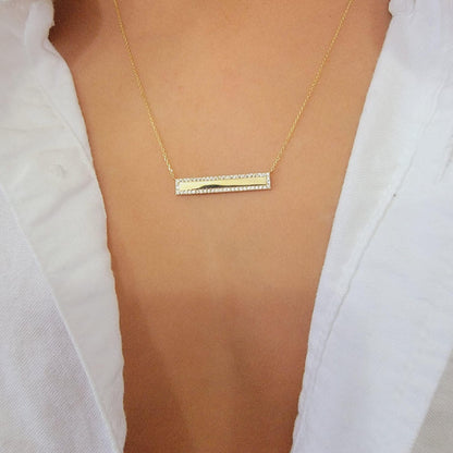 Diamond Bar Necklace, 14k Solid Gold Diamond Bar Necklace with Micro Pave Setting, Diamond Bar Trapeze Necklace, Layering Bar Necklace, Rose